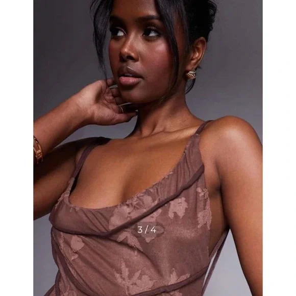 Asos Design Women's Asymmetric Neckline Devore Maxi Dress Choco Brown Size US 6 - Picture 4 of 15